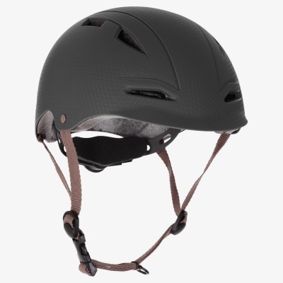 Capacete de ciclismo cinza escuro com ventilação e alças castanhas