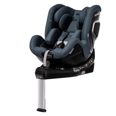 Cadeira auto para criança azul escuro da marca RECARO com arnês e base preta com perna de apoio metálica