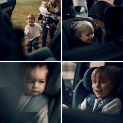 Crianças em cadeiras automóveis e uma a caminhar em ambiente exterior e interior de carro