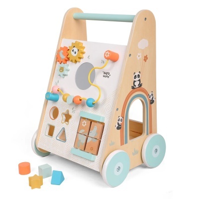 Brinquedo educativo de madeira com rodas e figuras coloridas