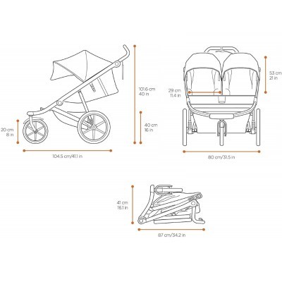 Desenho técnico de carrinho de bebé duplo com medidas