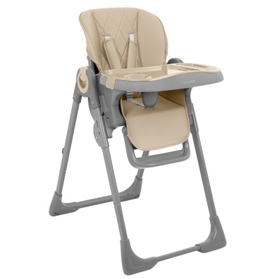 Cadeira alta para bebé bege com estrutura cinzenta e bandeja ajustável