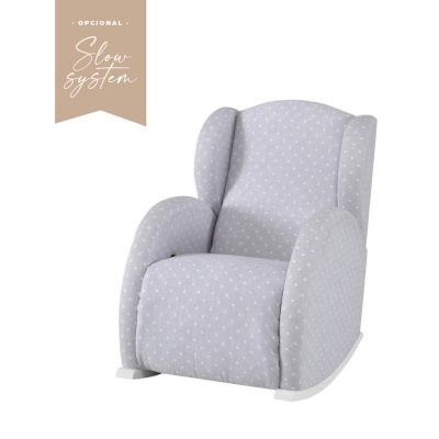 Cadeira de baloiço infantil cinzenta com padrão de pontos brancos