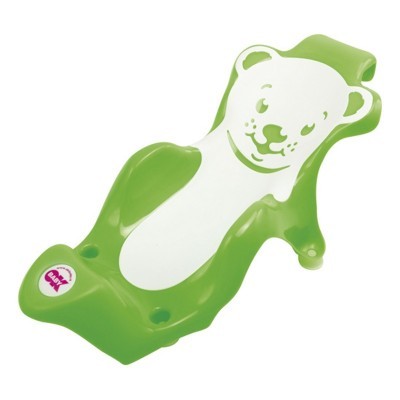 Assento de banho infantil verde com desenho de urso branco