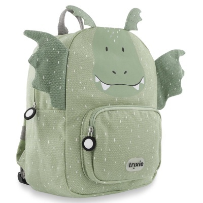 Mochila infantil verde com asas de dragão e padrão branco