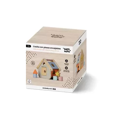 Caixa de brinquedo de madeira com casa pequena e peças encaixáveis
