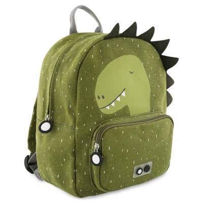 Mochila verde com desenho de dinossauro e crista preta em espinhos