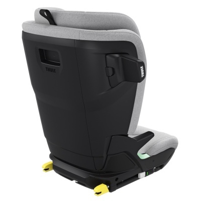 cadeira auto para criança cinza e preta com detalhes amarelos e verde