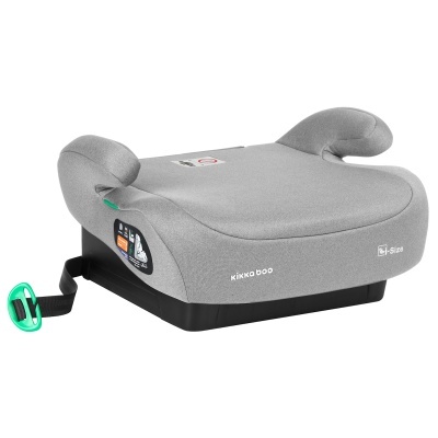 Assento elevatório cinzento claro com base preta e cinto verde e preto.