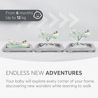 Andador de bebé ajustável em três alturas diferentes com base cinza e assento colorido