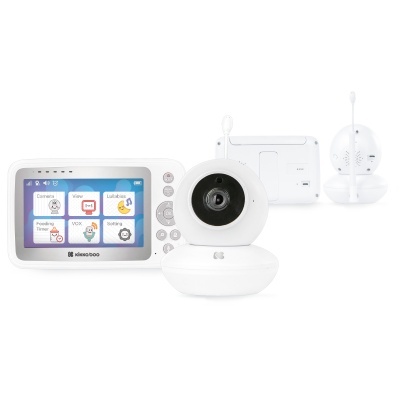 Sistema de vigilância de bebé com duas câmaras brancas e ecrã a cores