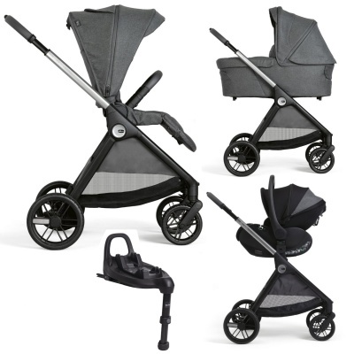 Carrinho de bebé modular cinzento com várias configurações e base de fixação preta.