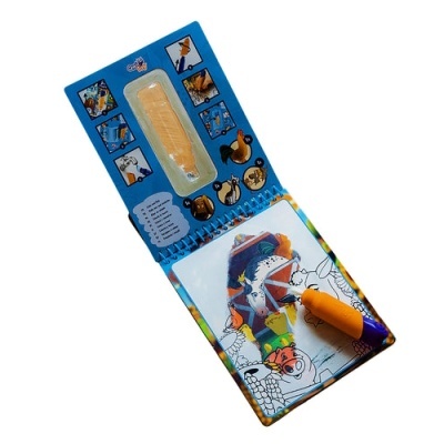 Livro de atividades para colorir com caneta laranja, moldes de animais e fundo azul