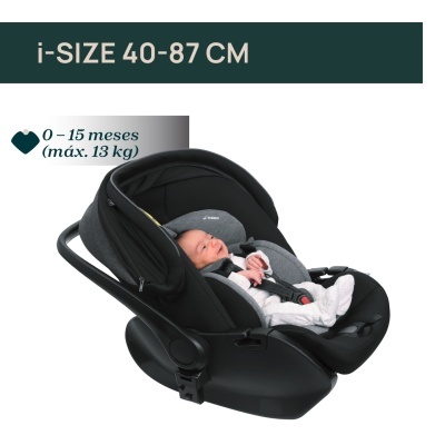 Cadeira auto para bebés preta e cinza com bebé sentado e texto i-SIZE 40-87 CM e 0-15 meses (máx. 13 kg)