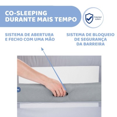 Barreira de cama cinzenta com sistema patenteado de abertura com uma mão e bloqueio de segurança