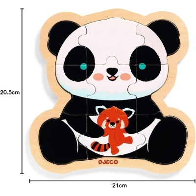 Quebra-cabeças de madeira com imagem de panda segurando outro animal