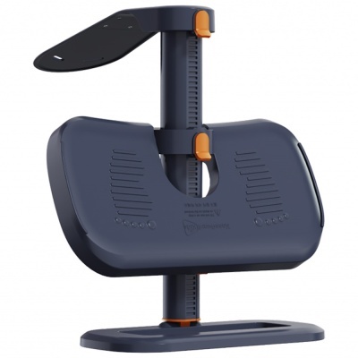 apoio para os pés ajustável em plástico azul escuro com detalhes laranja