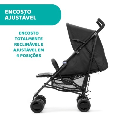 Carrinho de bebé preto com encosto ajustável e reclinável