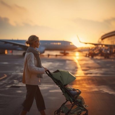 Mulher empurrando carrinho de bebé verde num aeroporto ao pôr do sol
