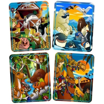 Quatro puzzles coloridos com desenhos de animais em diferentes ambientes