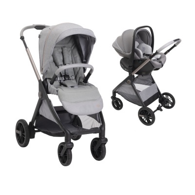 Carrinho de bebé cinza com roda preta
