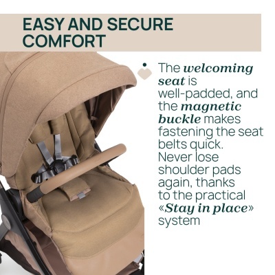 Carrinho de bebé bege com assento acolchoado e cinto com fecho magnético