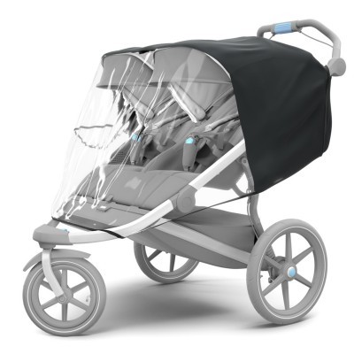 Carrinho de bebé cinzento com capa protetora preta e transparente