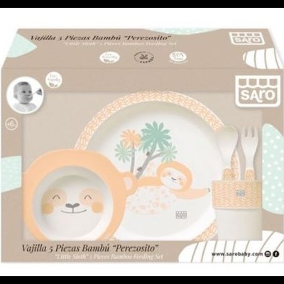 Conjunto de 5 peças de louça infantil de bambu com design animal em embalagem de papelão