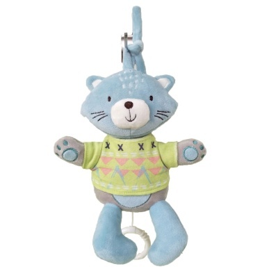 Peluche de gato azul com camisola verde com padrões geométricos