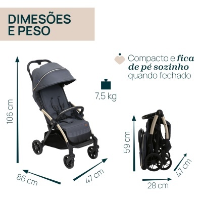 Carrinho de bebé cinza com estrutura dourada, aberto e fechado, com medidas e peso indicados