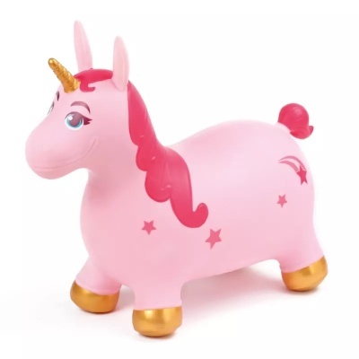 Brinquedo insuflável unicórnio cor-de-rosa com chifre e patas douradas