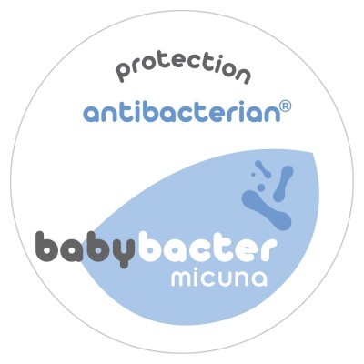 Etiqueta redonda com texto antibacterial e babybacter da Micuna.