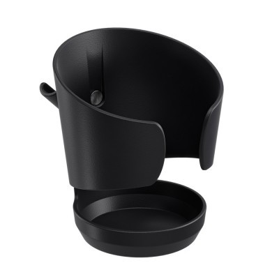 Suporte de copos preto para carro com estrutura curvada e base circular.