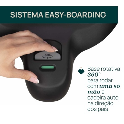 Mão segurando base preta com botão 360° e texto de sistema easy-boarding em fundo branco.