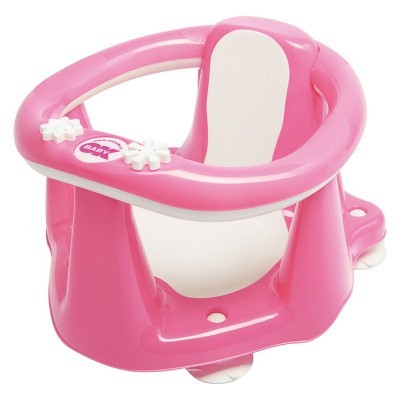 Cadeira de banho para bebé rosa com almofadado branco e decoração de flores brancas