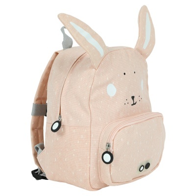 Mochila infantil rosa claro com padrão branco e orelhas de coelho