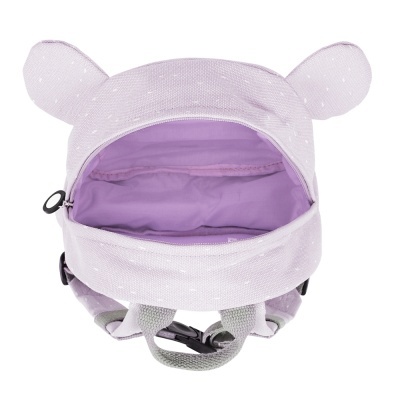 Mochila infantil lilás clara com orelhas e interior roxo
