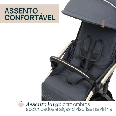 Assento largo de carrinho de bebé cinzento com ombros acolchoados e alças divisórias