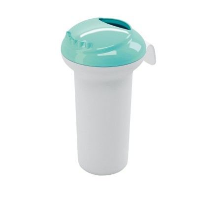 Garrafa ou copo misturador branco com tampa azul-claro em plástico