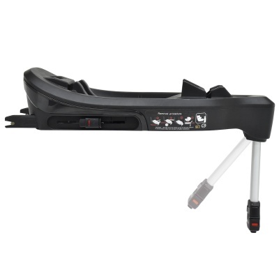 Base preta para cadeira auto infantil com suporte de pés ajustável e instruções de uso na lateral