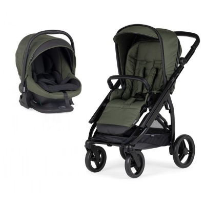 Carrinho de bebé verde-oliva com cadeira auto combinada