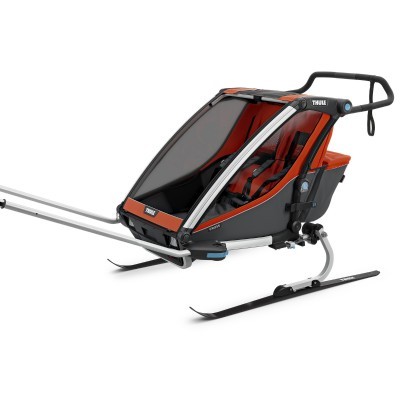 Carrinho de criança para neve THULE preto, cinzento e vermelho com esquis
