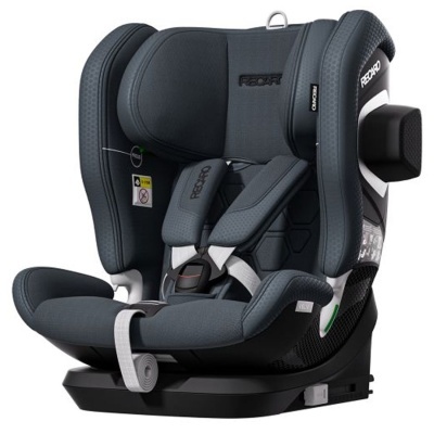 Cadeira auto infantil cinza RECARO com cintos brancos e base preta