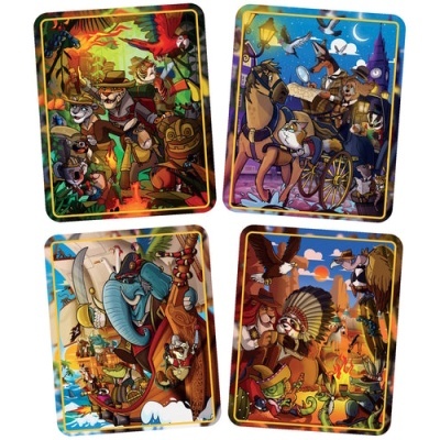 Conjunto de quatro cartas ilustradas com animais em cenas coloridas distintas