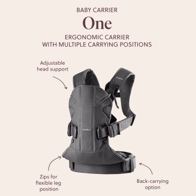Canguru ergonómico cinzento escuro para bebé com suporte de cabeça ajustável e fechos de correr para pernas.