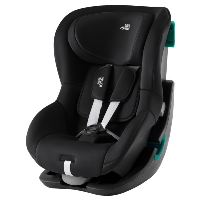 cadeira auto infantil preta com cintos brancos e marcas britax römer