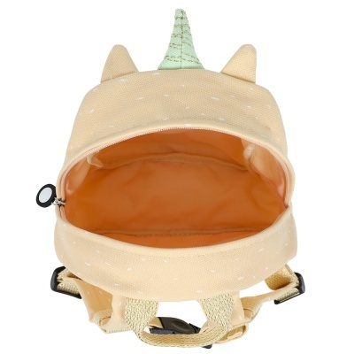 Mochila pequena bege com orelhas e chifre de unicórnio, interior laranja