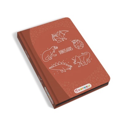 Livro infantil de capa dura com desenhos de dinossauros e texto DINOSAURS na capa