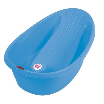 Banheira de bebé azul em plástico com autocolante