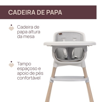Cadeira de papa com assento cinza, estrutura branca e pernas de madeira clara com texto explicativo ao lado